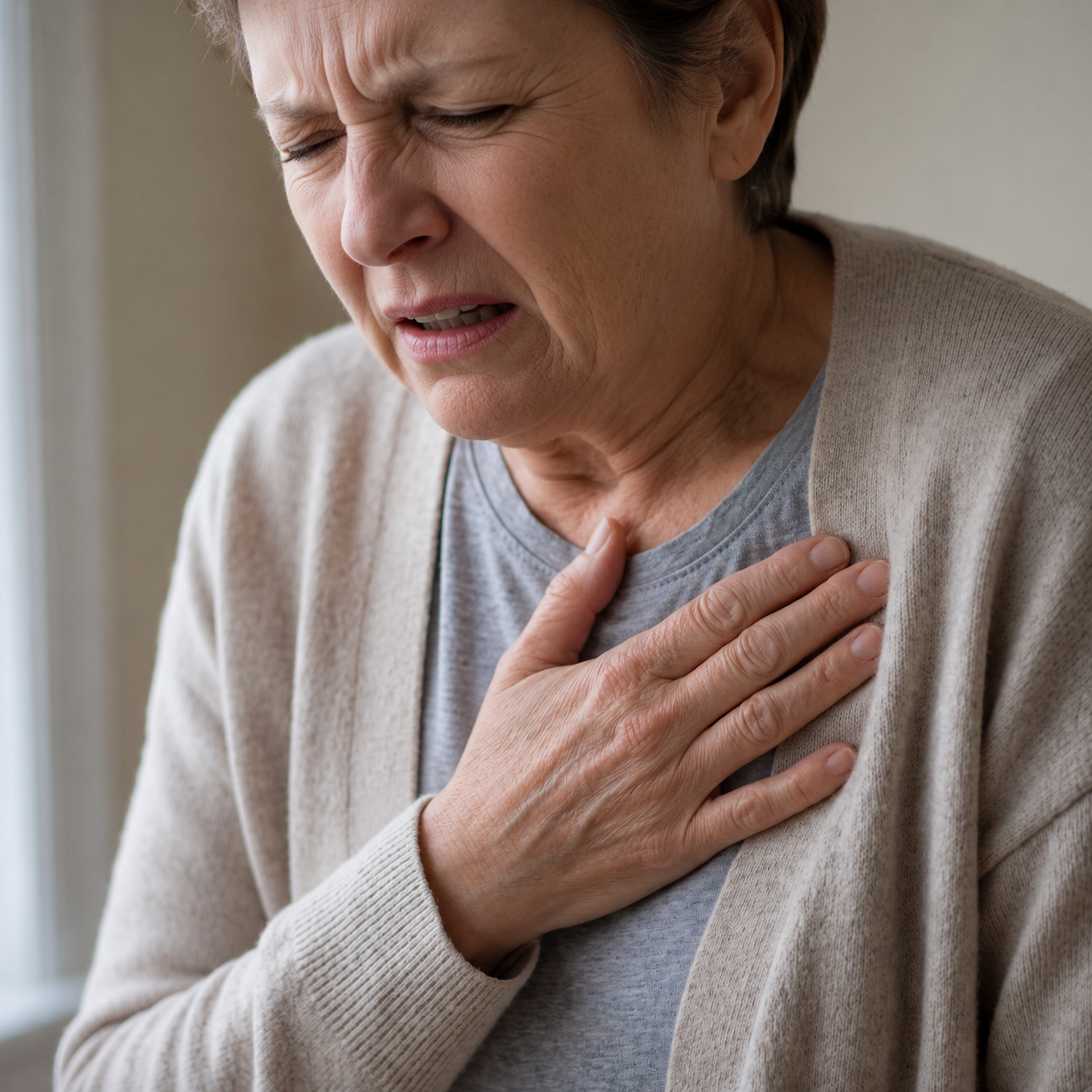 An older woman pressing her hand to her chest with a distressed expression